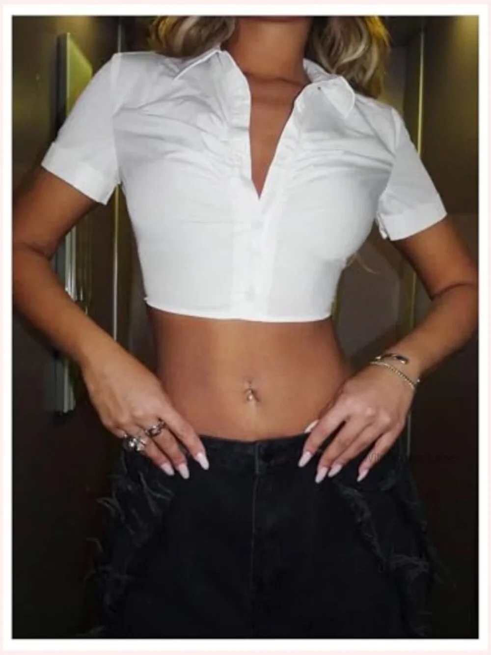 Short Sleeve Ruched Crop Top Button Down Y2K Club Summer Shirt - Picture 5 of 5